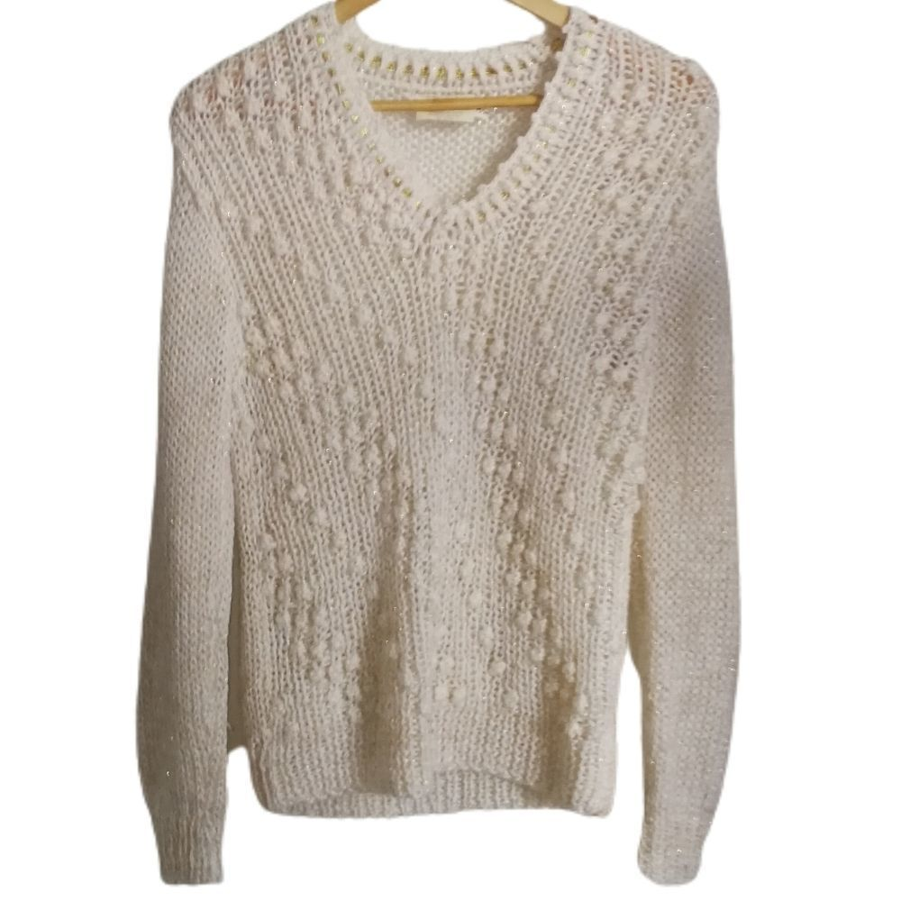VINTAGE Gold & Beige Chunky Loose Knitted V Neck Sweater Size Medium